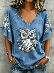 Women's Animal Owl Printed V-neck Ruffle Sleeve T-shirt