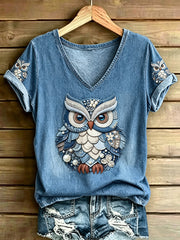 Women's Animal Owl Printed Vintage Fashion Loose Short Sleeve T-Shirt