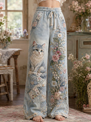 Women's Vintage-Style Patchwork Floral Cat Art Print Trousers