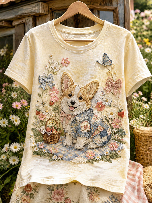 Women's Vintage-Style Patchwork Floral Puppy Short-Sleeved T-Shirt