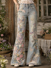 Women's Vintage-Style Patchwork Floral Butterfly Art Print Flared Trousers