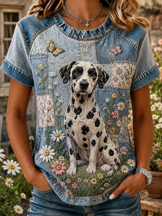 Women's Vintage-Style Patchwork Floral Dalmatian Print Casual Short Sleeved T-Shirt