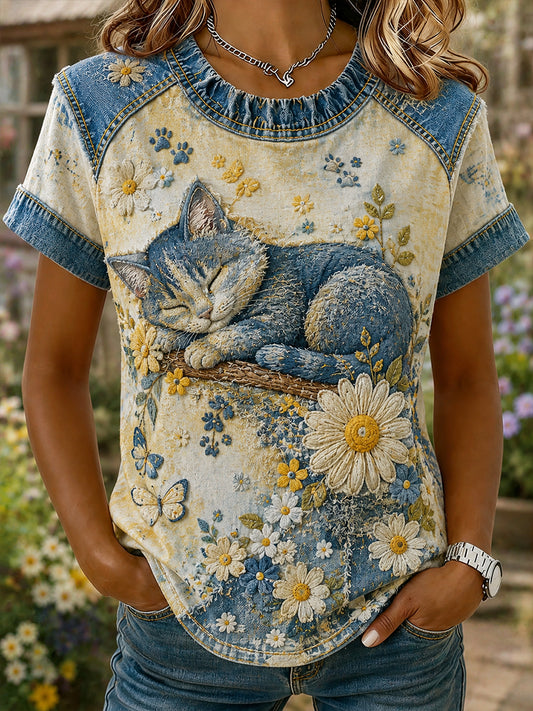 Women's Vintage Patchwork Floral Daisy And Butterfly Design Print Casual Short Sleeved T-Shirt