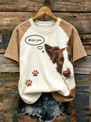 Women's cute dog pattern printed casual washed short-sleeve T-shirt