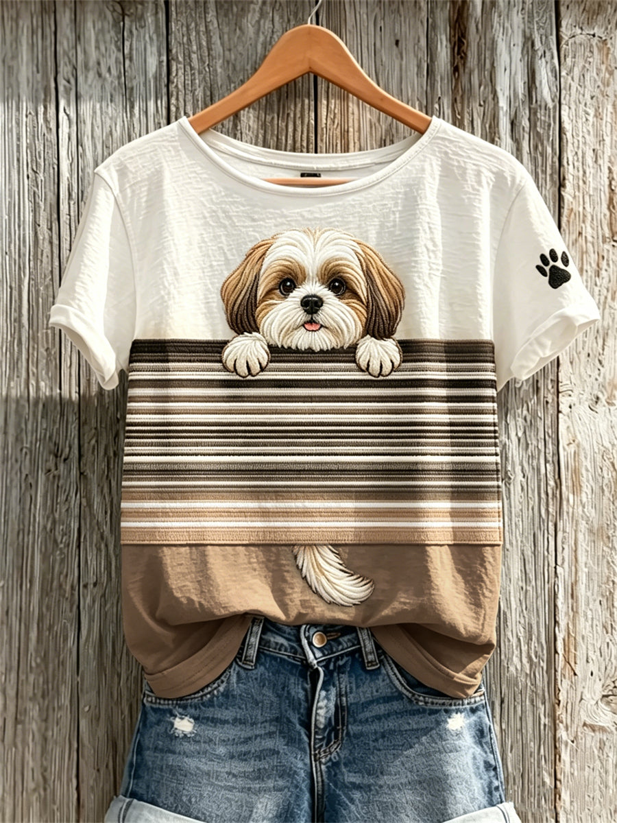 Women's Peeking Shih Tzu Dog & Paw Print Colorblock Print short-sleeved T-shirt