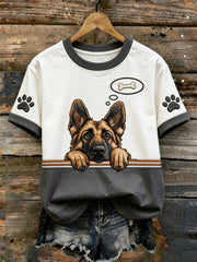 Women's cute dog pattern printed casual washed short-sleeve T-shirt