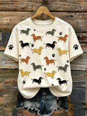 Women's cute dog pattern printed casual washed short-sleeve T-shirt