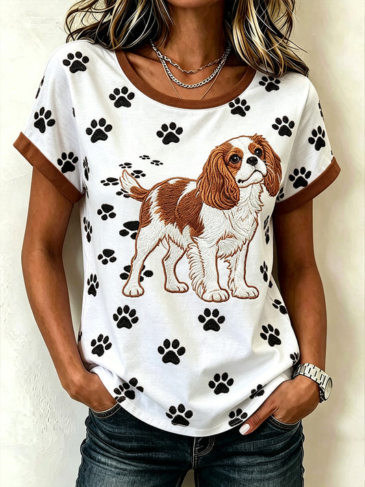 Women's cute dog pattern printed casual washed short-sleeve T-shirt