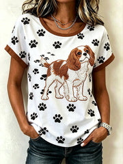 Women's cute dog pattern printed casual washed short-sleeve T-shirt