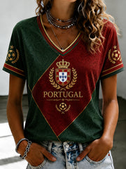 Women's Portuguese Football Printed V-neck T-shirt