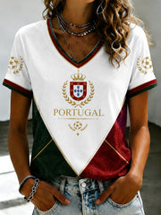 Women's Portuguese Football Printed V-neck T-shirt