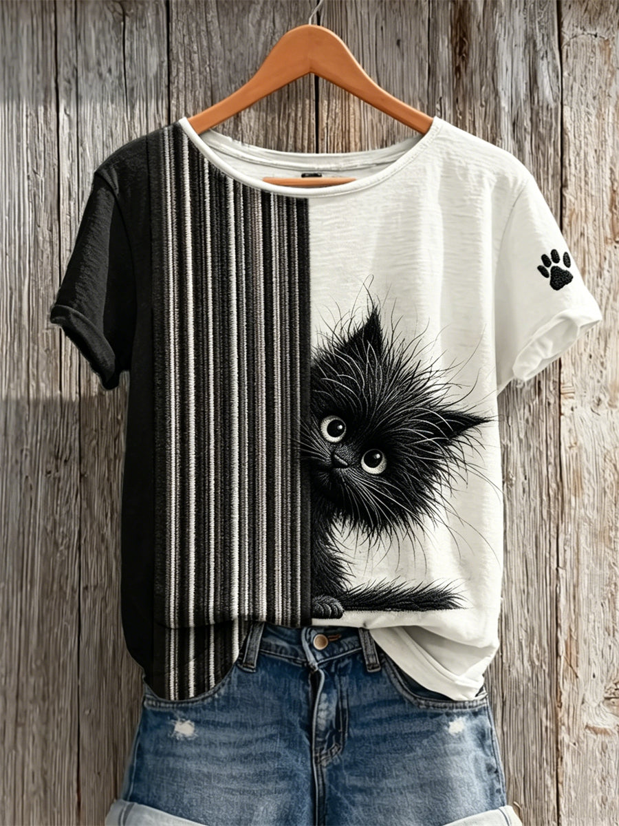 Women's Peeking Black Cat & Paw Print Contrast Print short-sleeved T-shirt