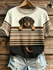 Women's Dog Stripes Printed Vintage Fashion Loose Short Sleeve T-Shirt
