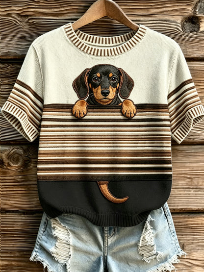 Women's Dog Stripes Printed Vintage Fashion Loose Short Sleeve T-Shirt