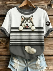 Women's Dog Stripes Printed Vintage Fashion Loose Short Sleeve T-Shirt