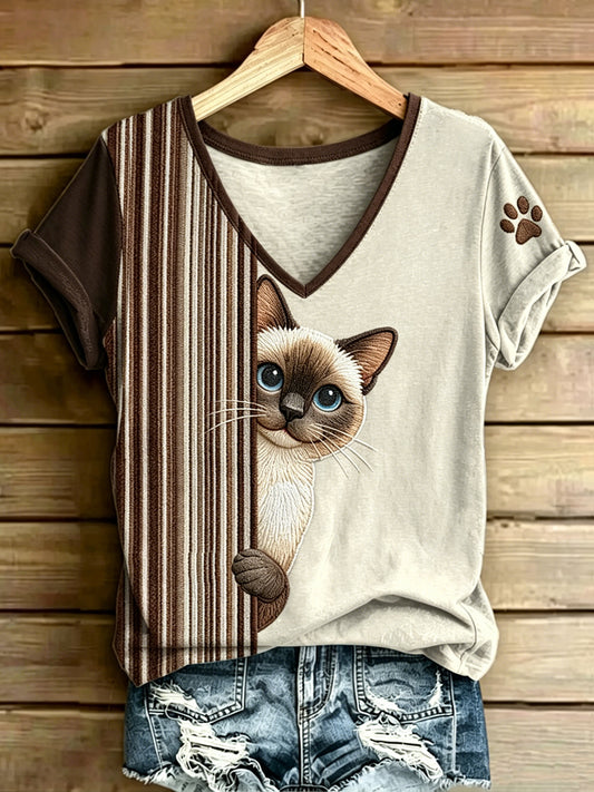 Women's Animal Cat Stripes Printed Vintage Fashion Loose Short Sleeve T-Shirt