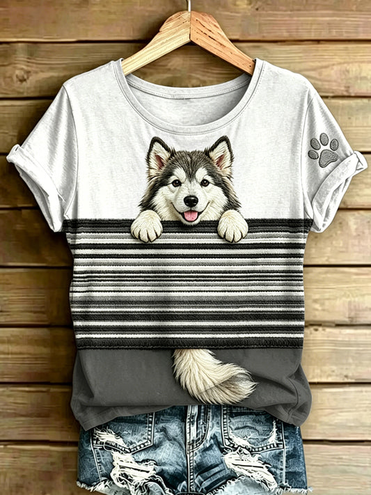 Women's Dog Stripes Printed Vintage Fashion Loose Short Sleeve T-Shirt