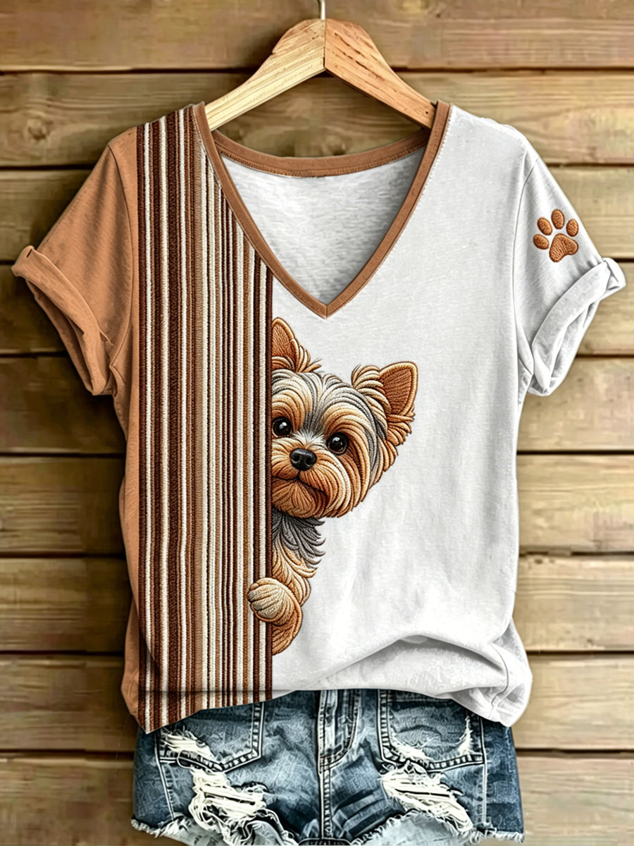 Women's Animal Dog Stripes Printed Vintage Fashion Loose Short Sleeve T-Shirt