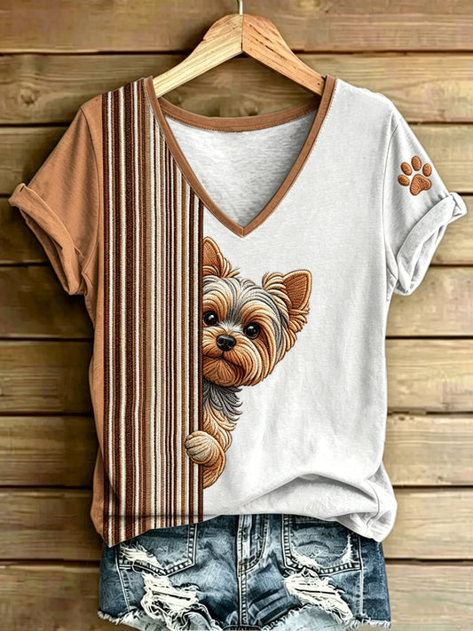 Women's Animal Dog Stripes Printed Vintage Fashion Loose Short Sleeve T-Shirt