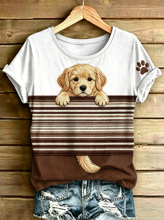 Women's Dog Stripes Printed Vintage Fashion Loose Short Sleeve T-Shirt