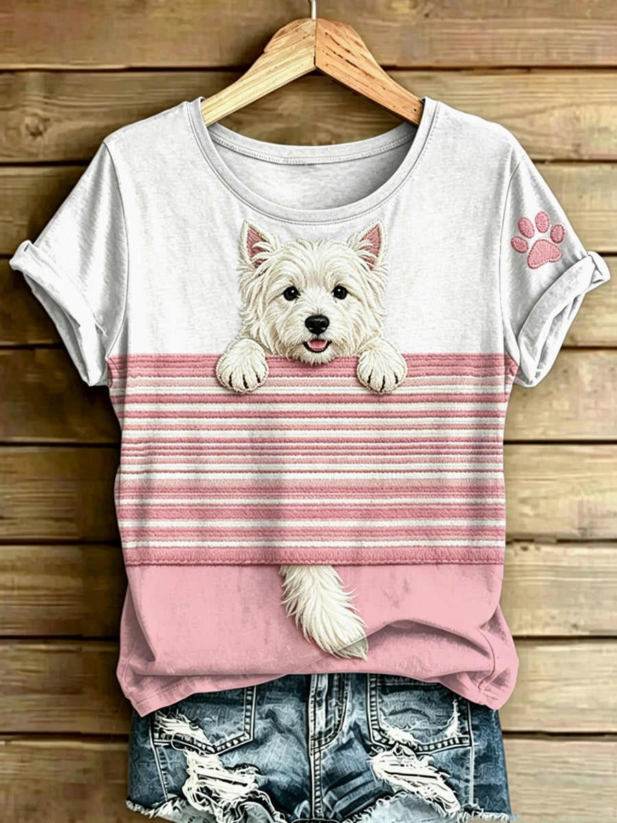 Women's Dog Stripes Printed Vintage Fashion Loose Short Sleeve T-Shirt