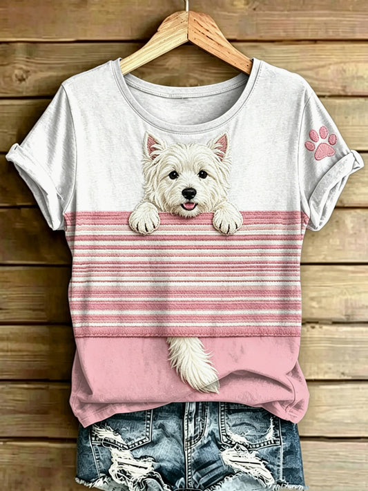 Women's Dog Stripes Printed Vintage Fashion Loose Short Sleeve T-Shirt