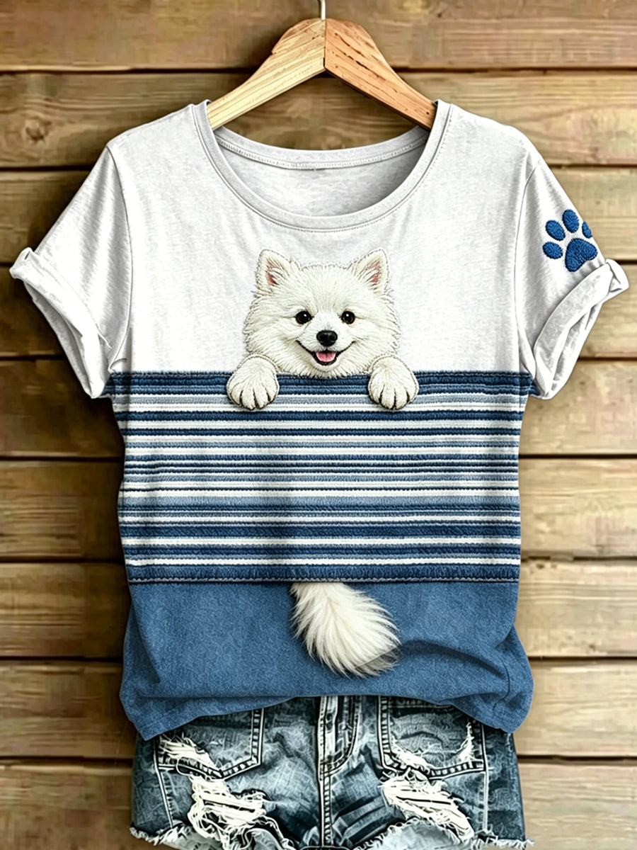 Women's Dog Stripes Printed Vintage Fashion Loose Short Sleeve T-Shirt