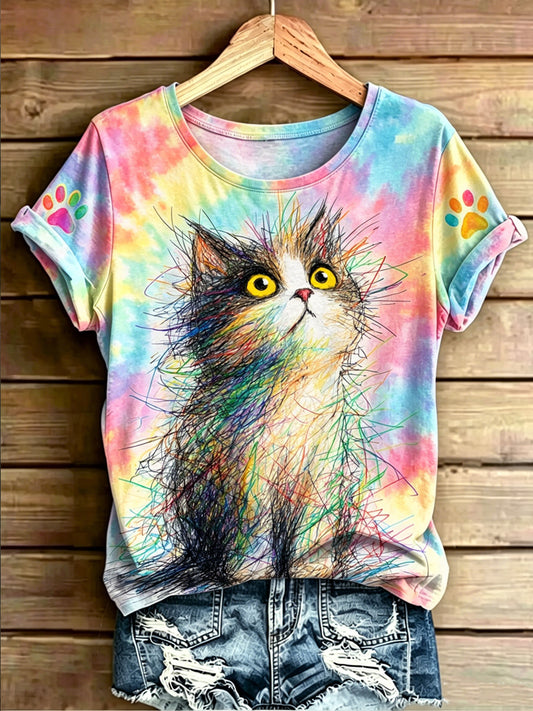 Women's Animal Cat Art Printed Vintage Fashion Loose Short Sleeve T-Shirt