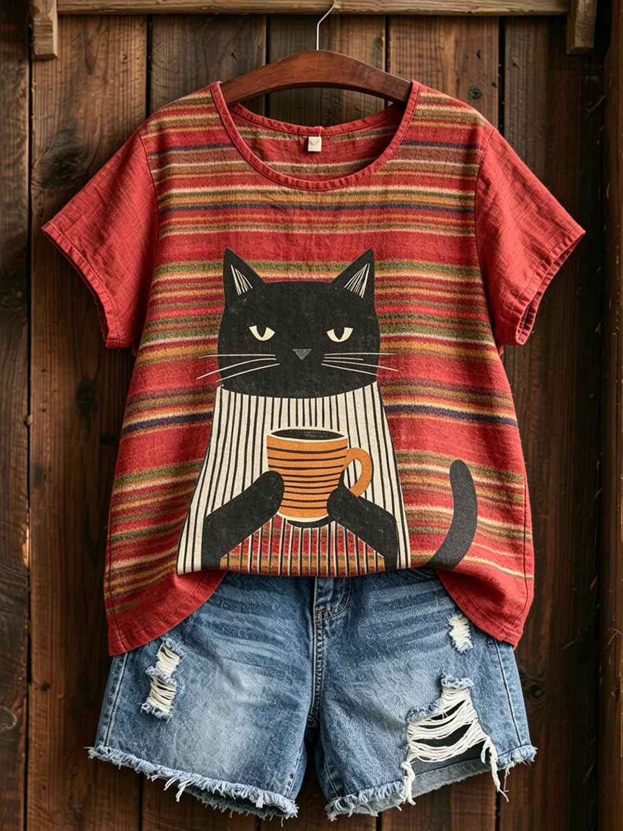 Women's Vintage Cat Print T-Shirt