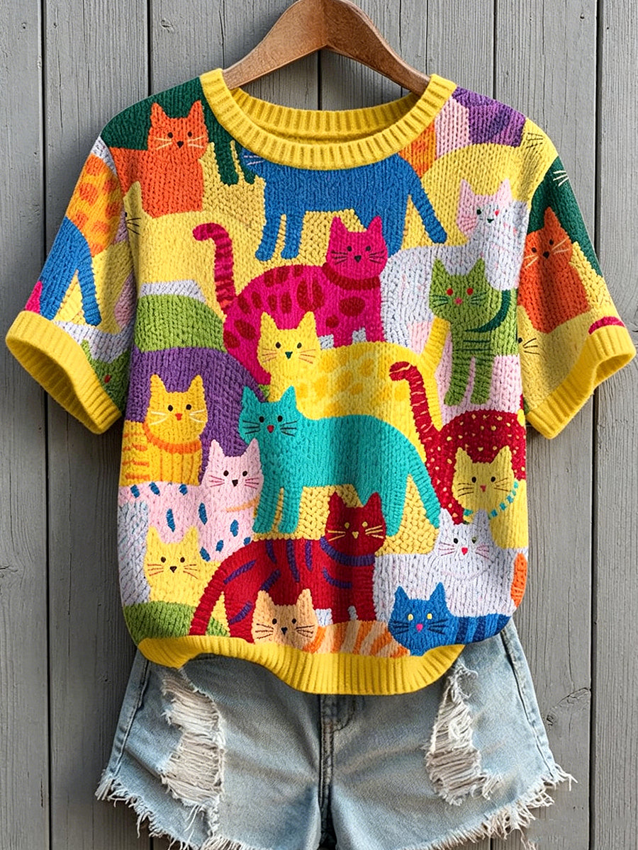 Women's Group Cat Art Printed Vintage Fashion Loose Short Sleeve T-Shirt