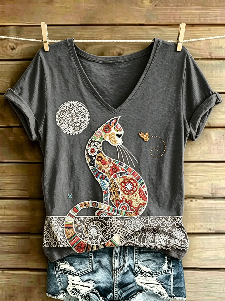 Women's Animal Cat Art Printed Vintage Fashion Loose Short Sleeve T-Shirt