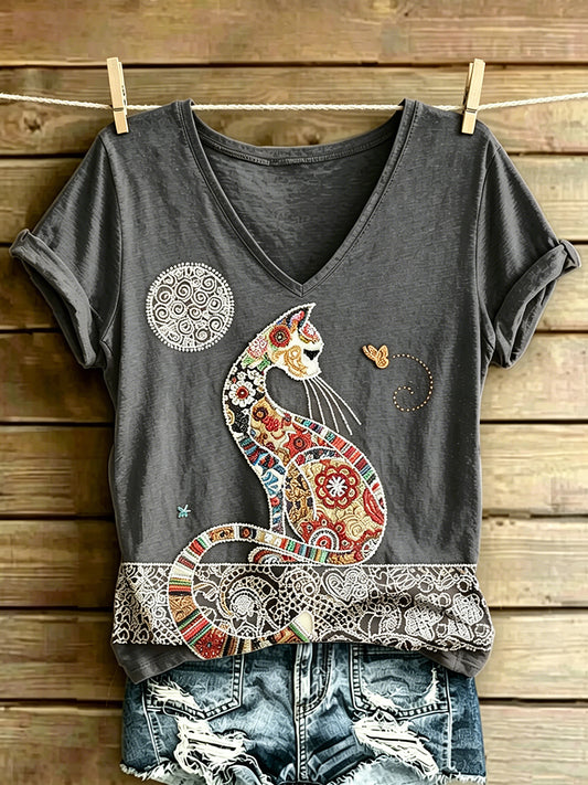 Women's Animal Cat Art Printed Vintage Fashion Loose Short Sleeve T-Shirt