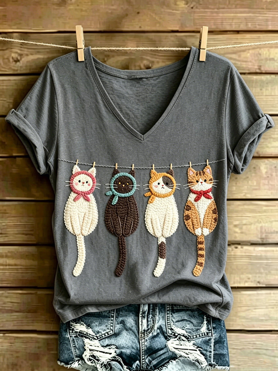 Women's Animal Cat Art Printed Vintage Fashion Loose Short Sleeve T-Shirt