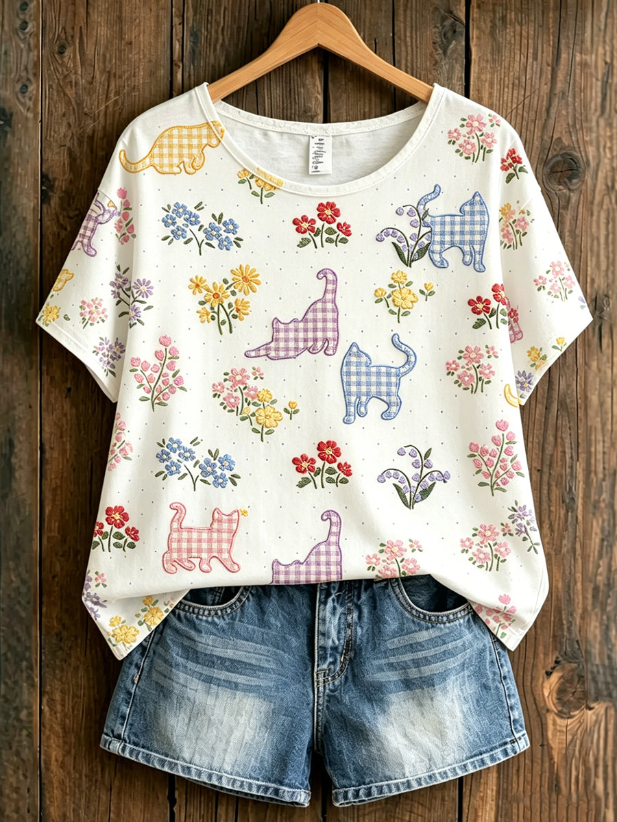 Women's Animal Cat Art Printed Vintage Fashion Loose Short Sleeve T-Shirt