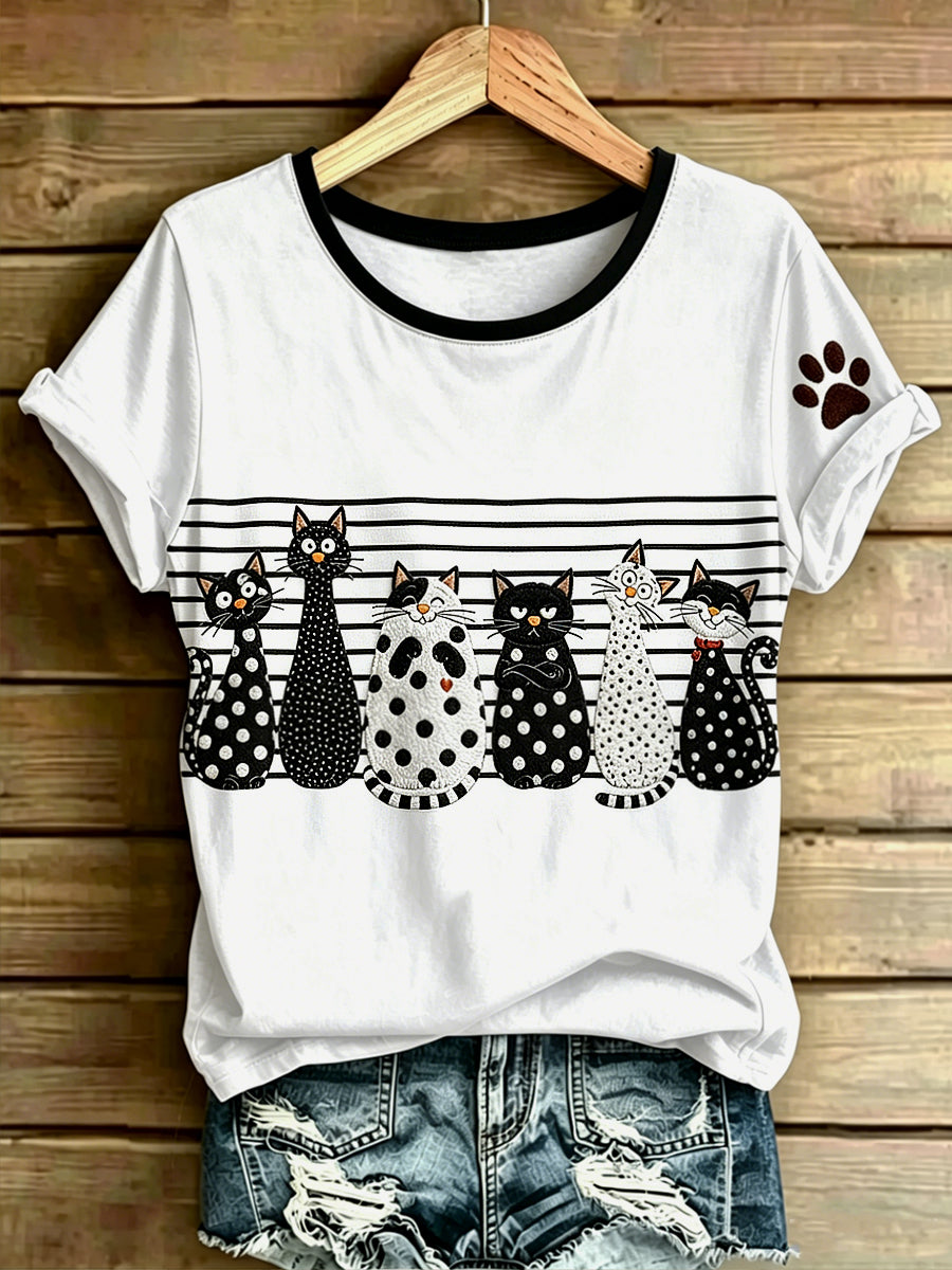Women's Animal Cat Art Printed Vintage Fashion Loose Short Sleeve T-Shirt