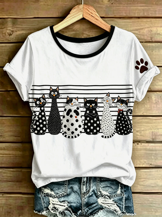 Women's Animal Cat Art Printed Vintage Fashion Loose Short Sleeve T-Shirt