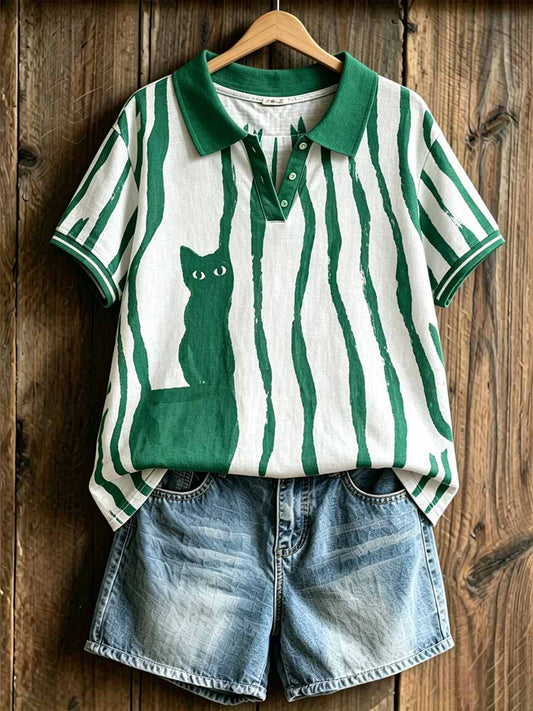 Women's Fashion Cat Print Polo Shirt