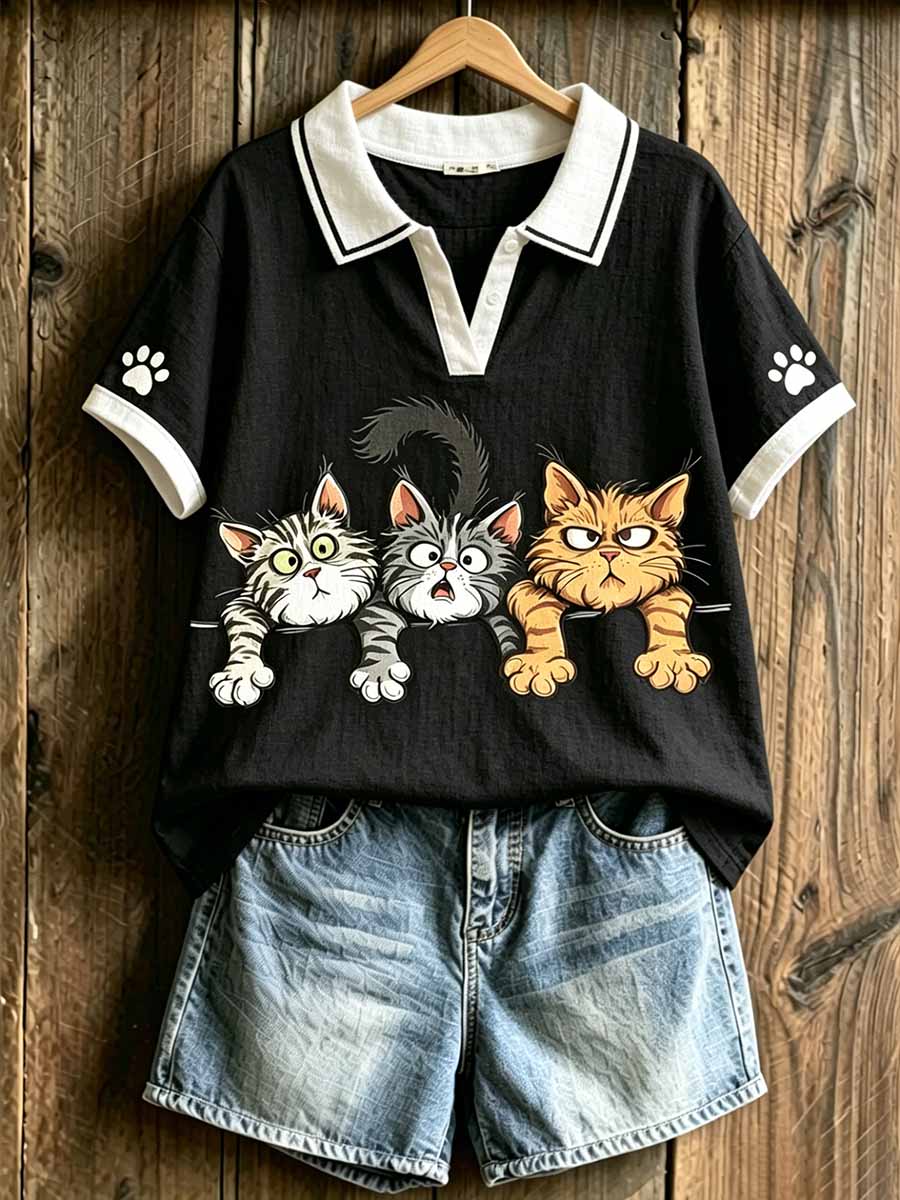Women's Fashion Cat Print Polo Shirt