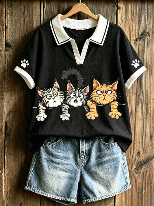 Women's Fashion Cat Print Polo Shirt