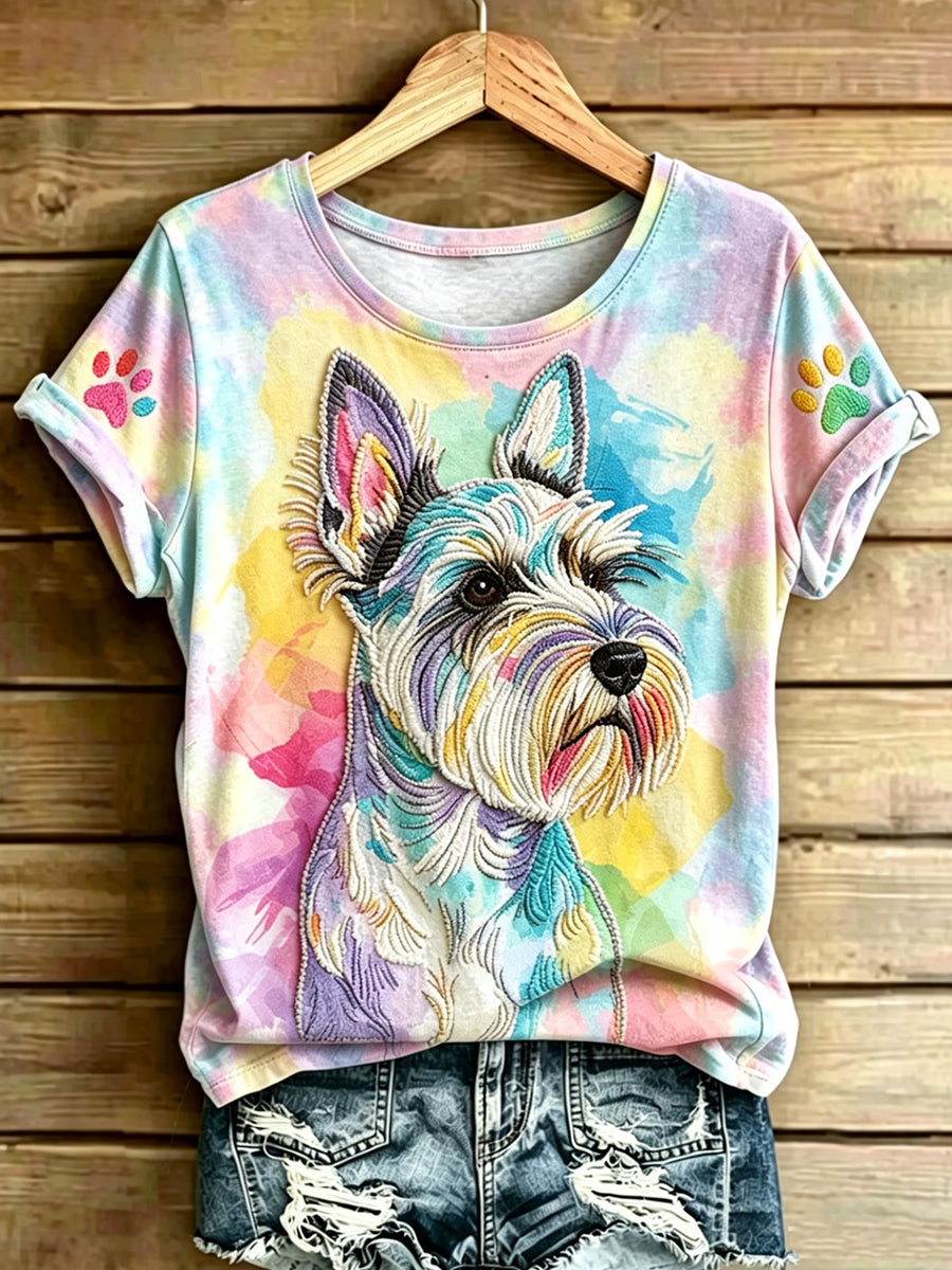 Women's Animal Dog Art Printed Vintage Fashion Loose Short Sleeve T-Shirt