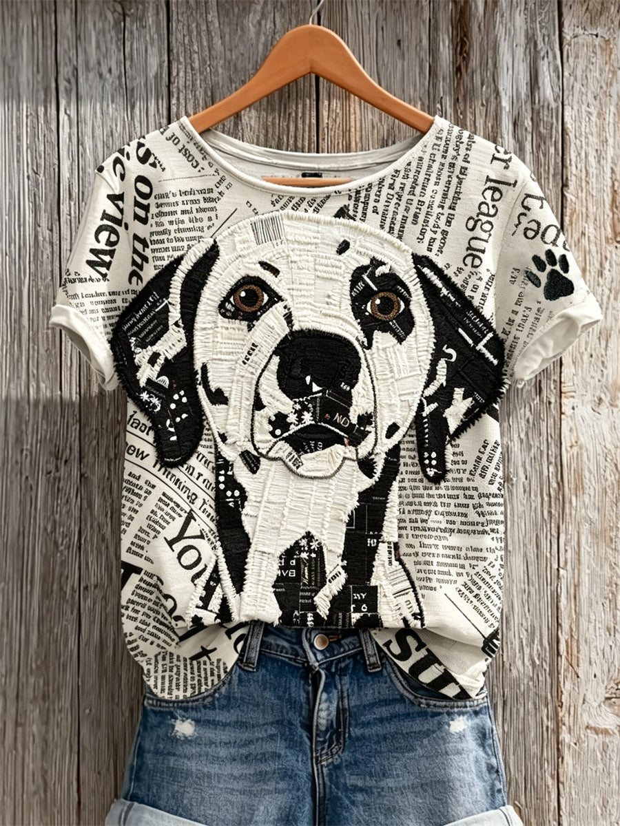 Women's Dalmatian Dog & Paw Print Newspaper Patchwork Art Print short-sleeved T-shirt