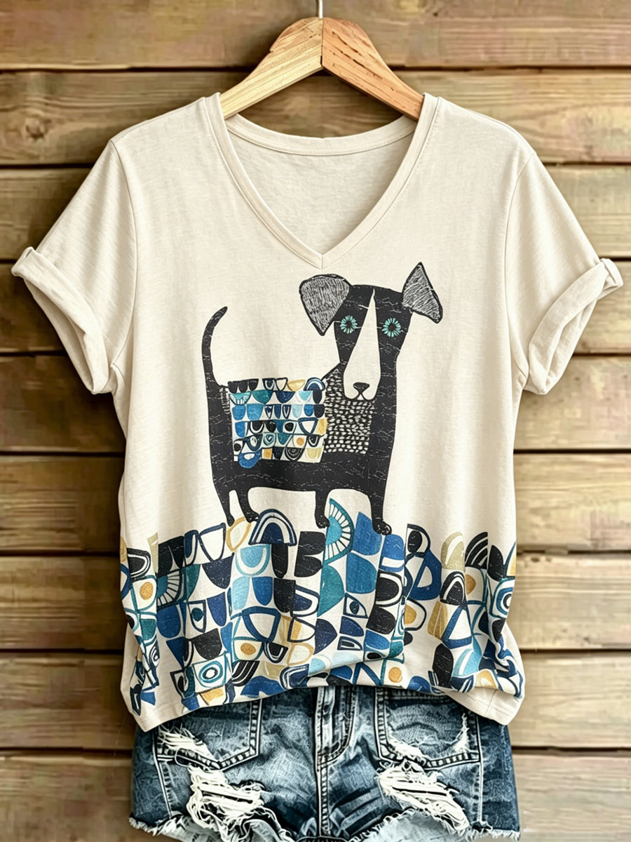 Women's Animal Dog Art Printed Vintage Fashion Loose Short Sleeve T-Shirt
