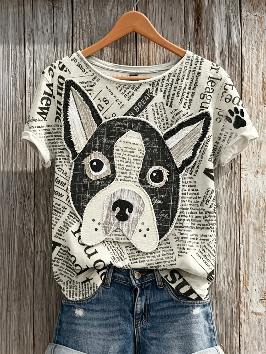 Women's Bulldog & Paw Print Newspaper Patchwork Art Print short-sleeved T-shirt