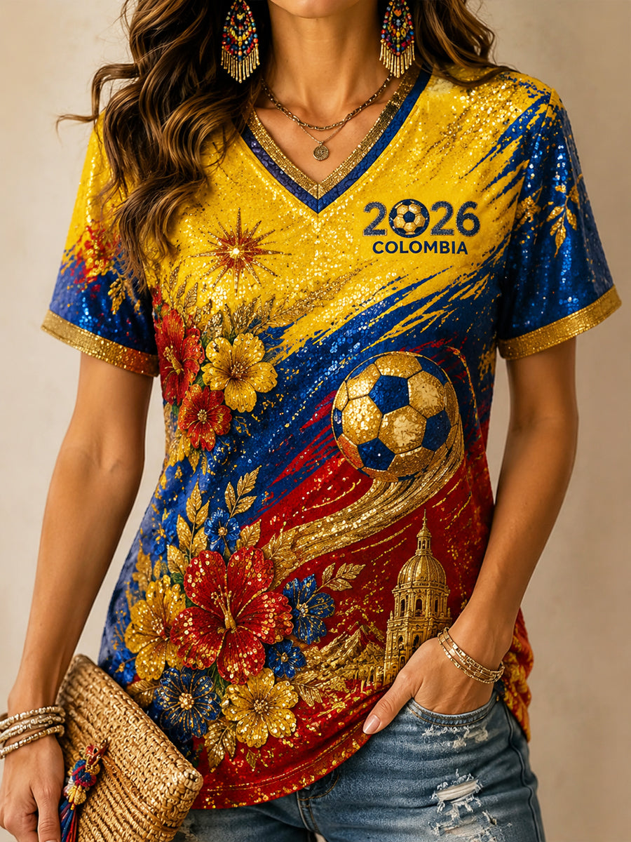 Women's Retro Columbia Soccer Art V-Neck T-Shirt