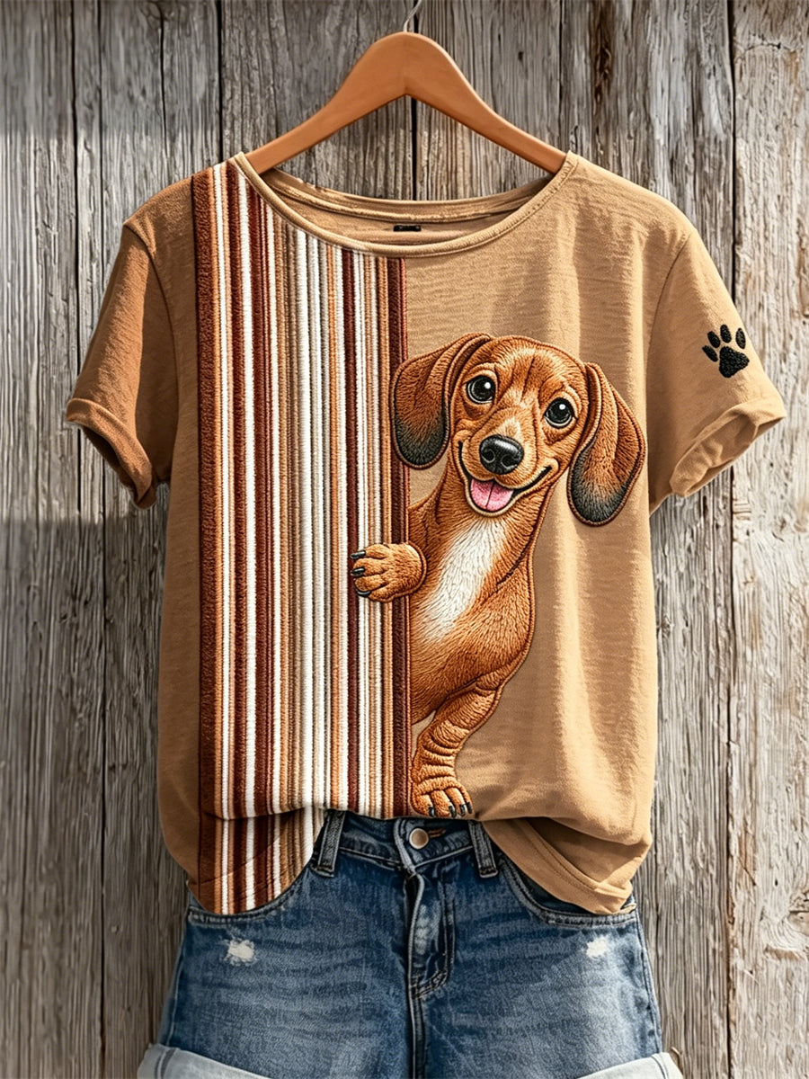 Women's Peeking Dachshund Dog & Paw Print Colorblock Print short-sleeved T-shirt