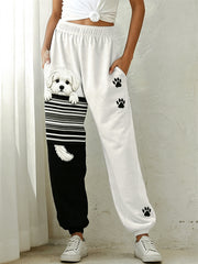 Women's Lovely Peeking Maltese Dog & Paw Prints Colorblock Print Sweatpants