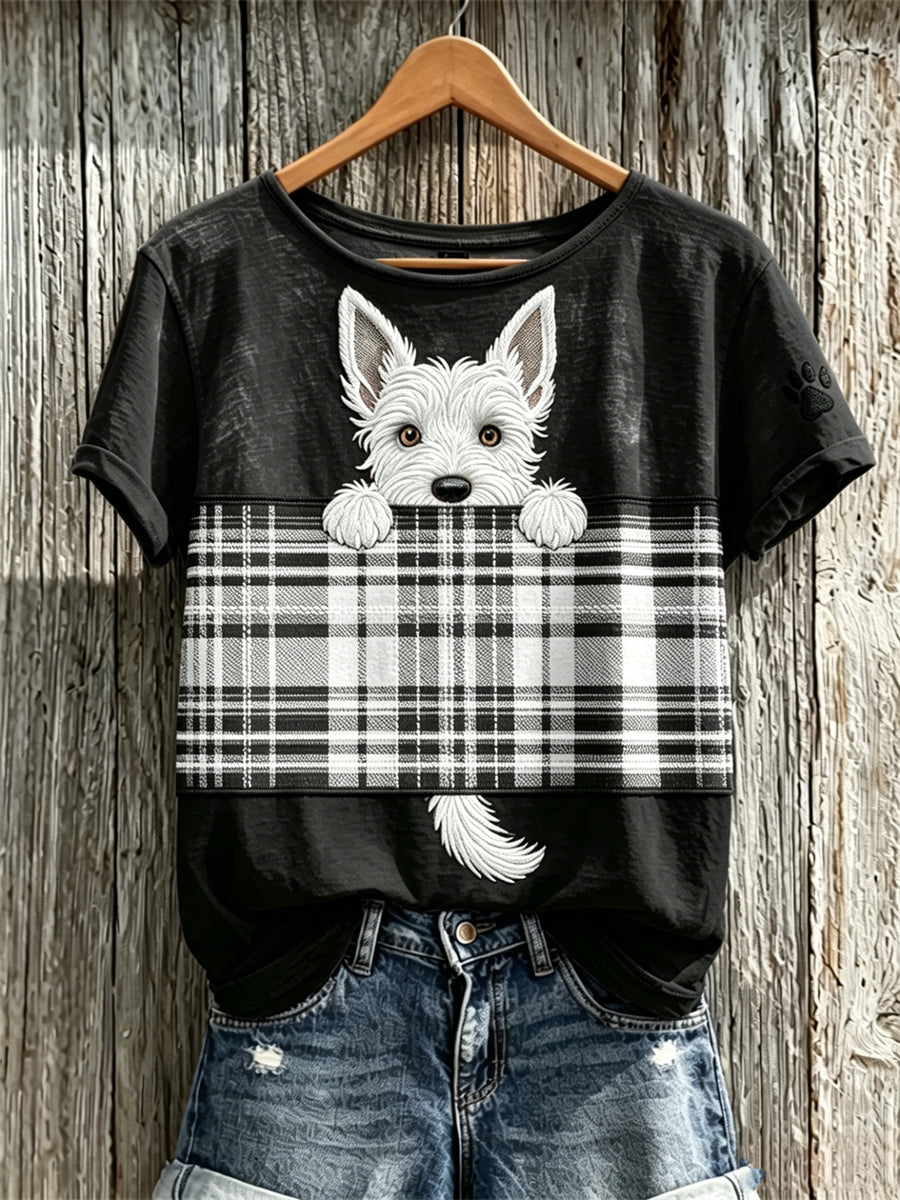 Women's Peeking Scottish Terrier Dog & Scotland Tartan Colorblock Print short-sleeved T-shirt