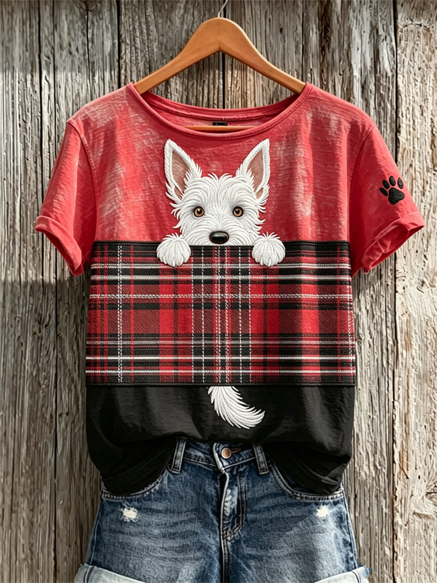 Women's Peeking Scottish Terrier Dog & Scotland Tartan Colorblock Print short-sleeved T-shirt