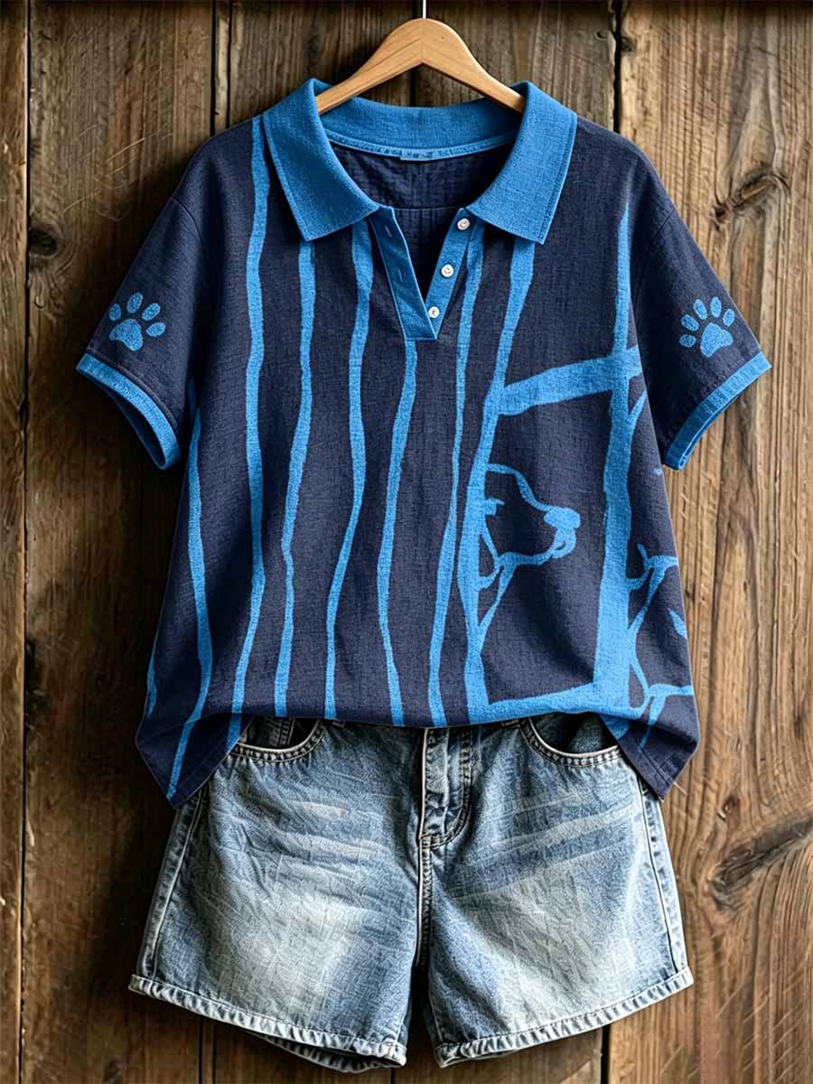 Women's Fashion Dog Art Print Polo Shirt