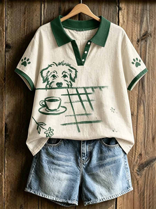Women's Fashion Dog Art Print Polo Shirt